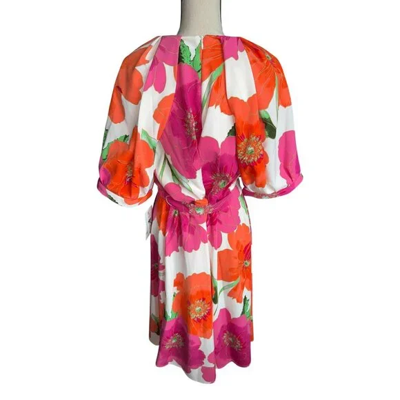 NWT Maison Tara Dress Floral Wrap Puff Sleeves Belt Orange Pink Flowers Chic 24W - Picture 3 of 7